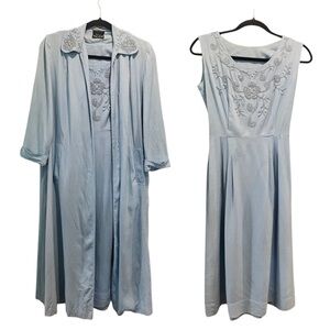 Vintage 50s/60s Womens Dress & Coat Beaded Matching Set Size XS-S Blue Needs TLC